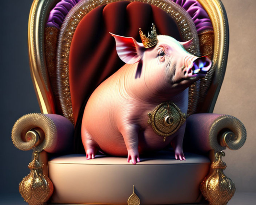 Regal crowned pig on golden throne with purple cushions