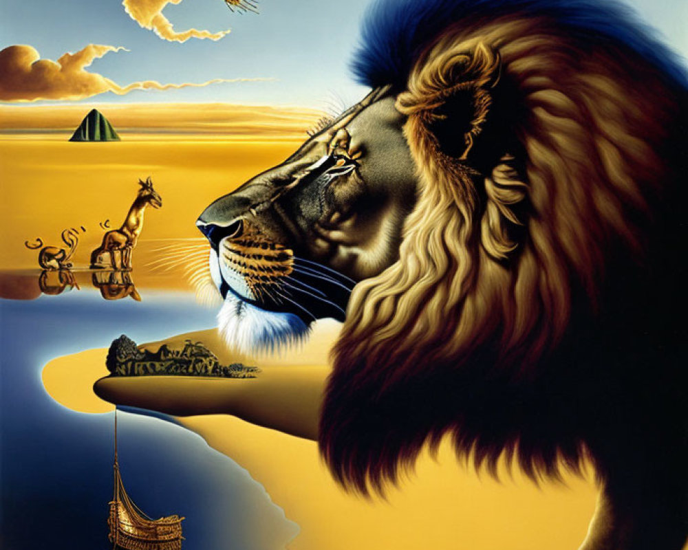 Surreal lion painting with desert, ship, butterfly, and silhouetted figures