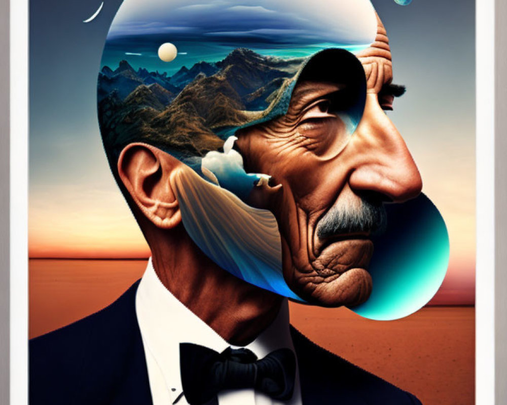 Elderly man's face merges with serene landscape in surreal portrait
