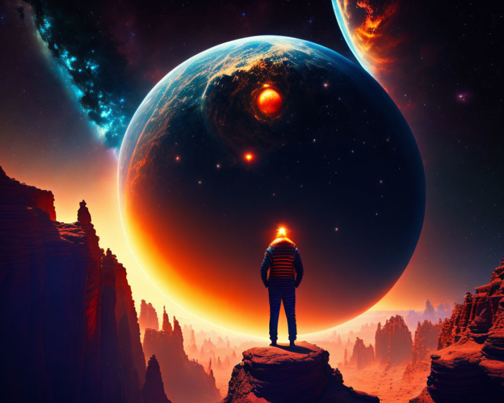 Person on rocky outcrop gazes at large celestial body above alien horizon.