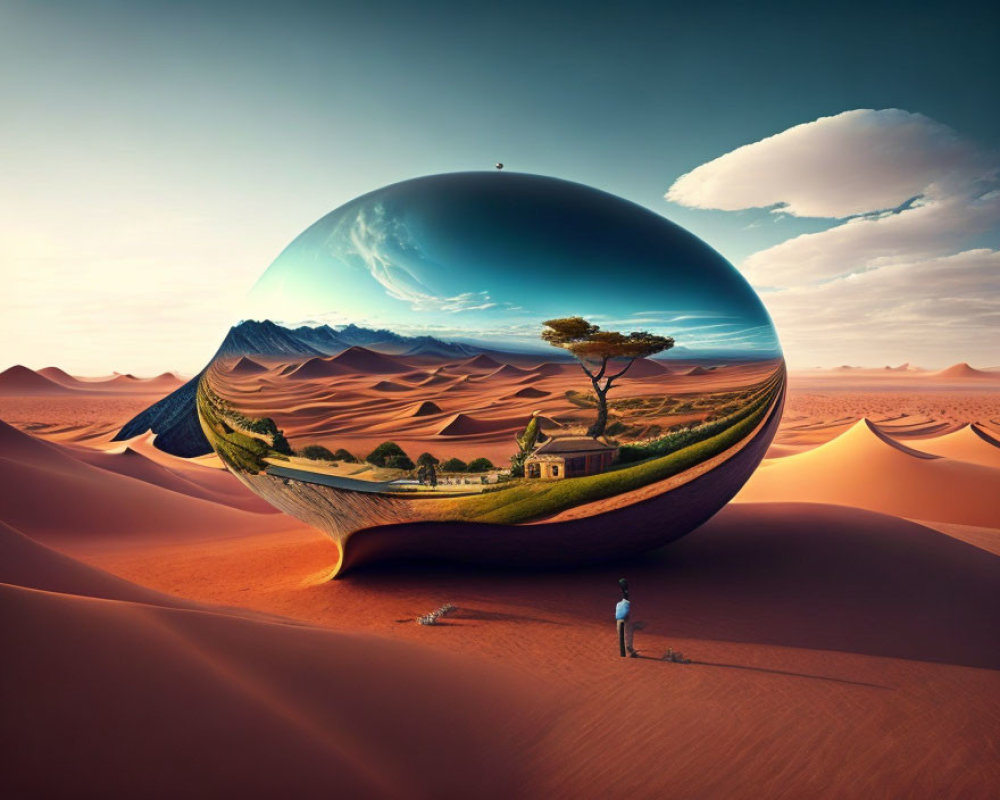 Surreal image of person with sphere over landscape and desert.