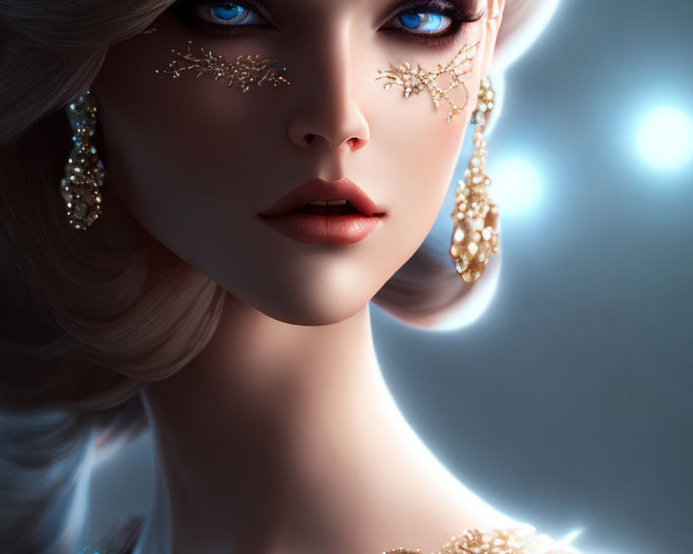 Digital artwork of a woman with blue eyes and gold jewelry in soft-lit setting