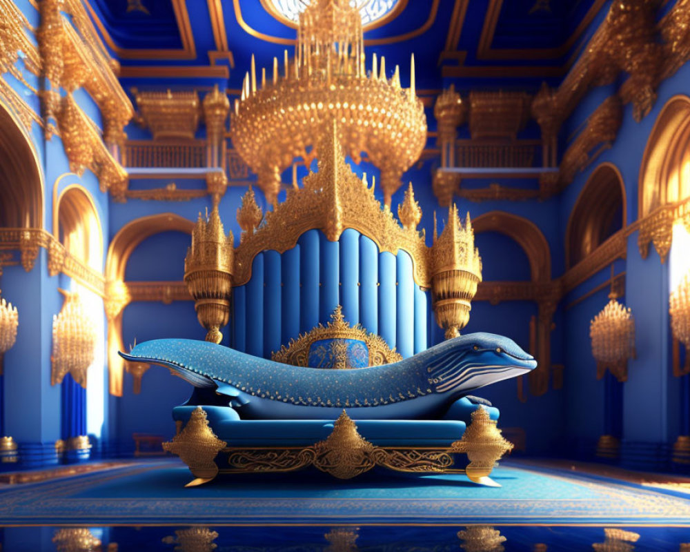 Opulent Throne Room with Blue and Gold Whale-Shaped Throne