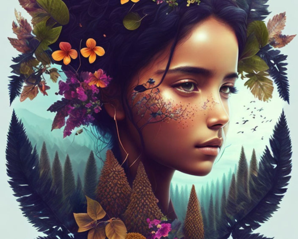 Digital artwork: Woman's profile with nature-themed hairdo