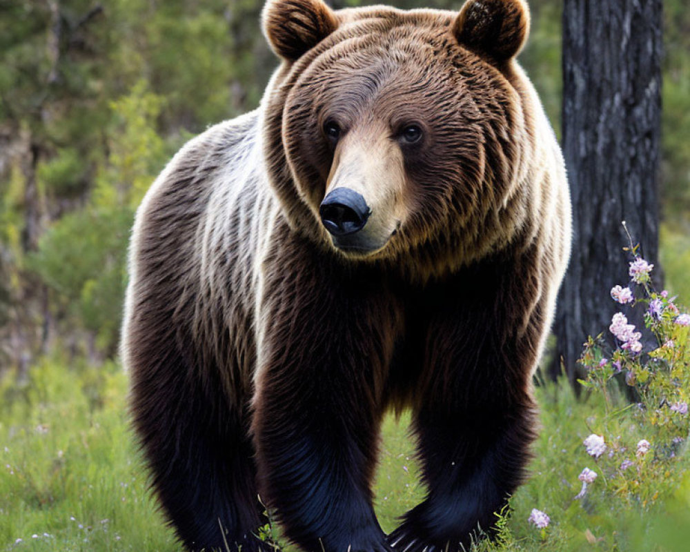 Brown bear in forest clearing with green trees and pink flowers