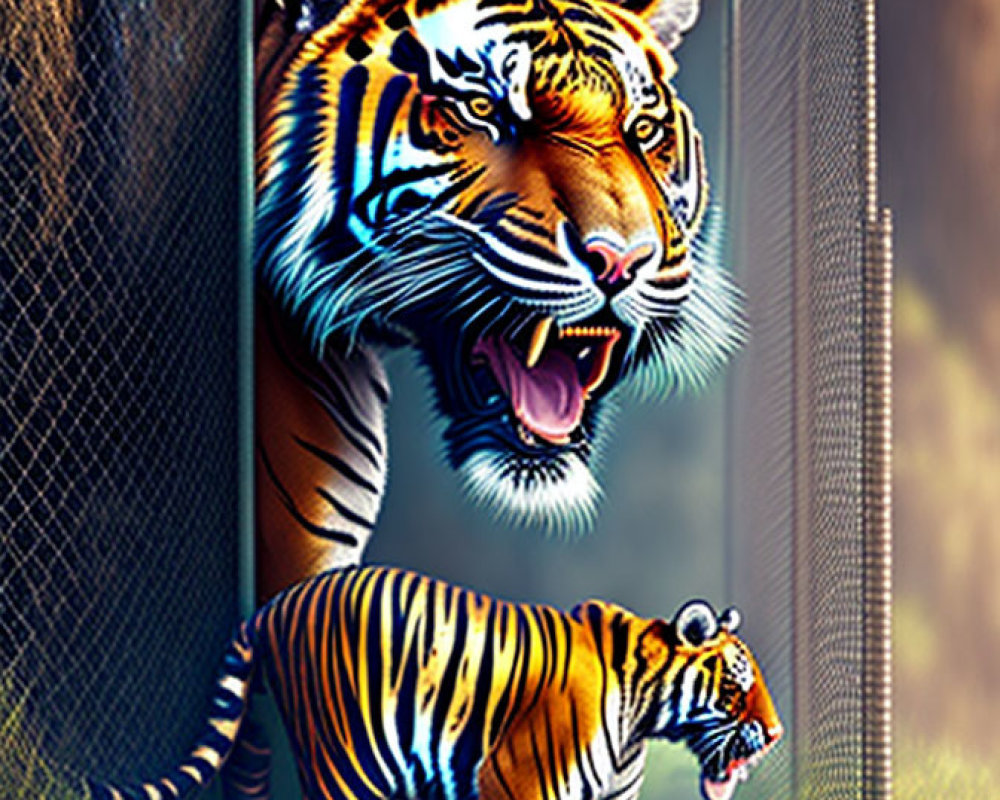 Surreal tiger walking out of picture frame with superimposed snarling head