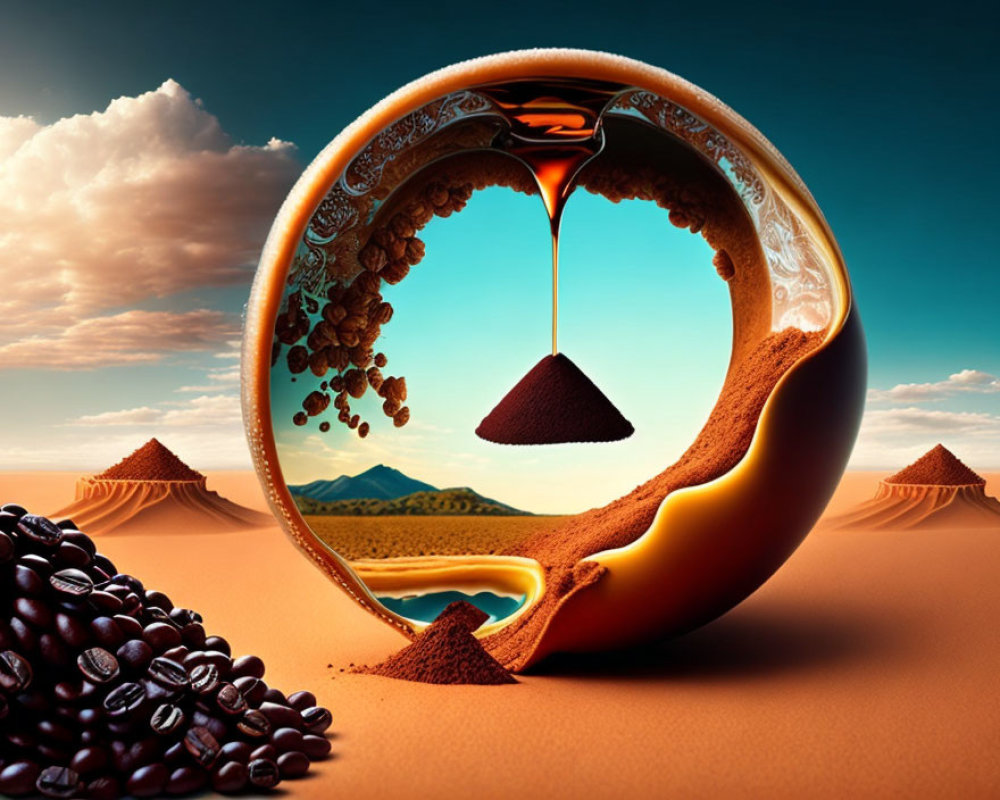 Surreal circular hourglass of coffee beans in desert landscape