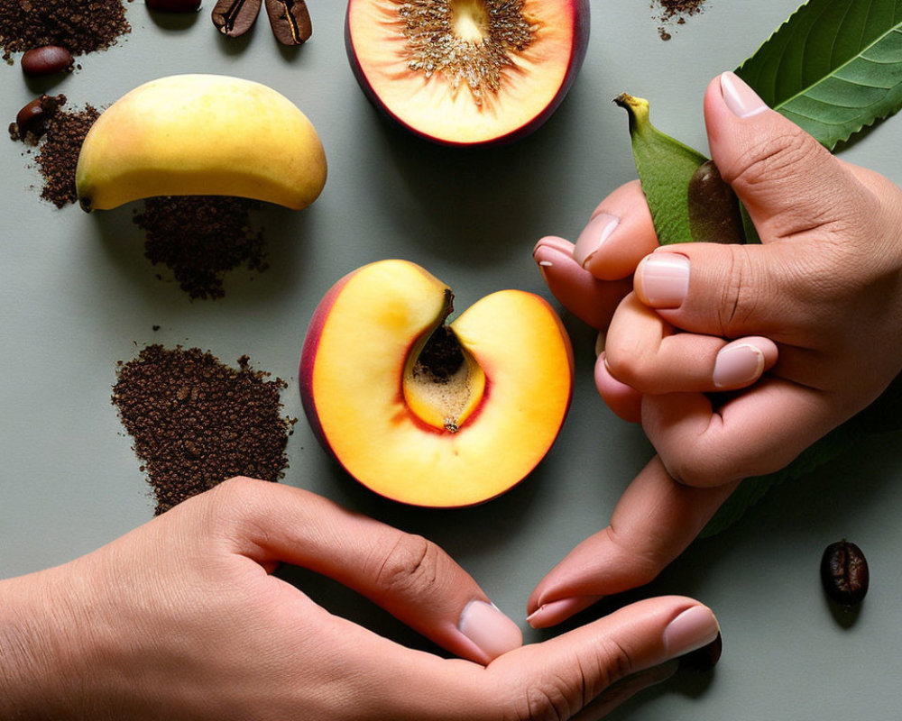 Fresh fruit arrangement on brown surface with sliced peach, banana, kiwi, and coffee beans.