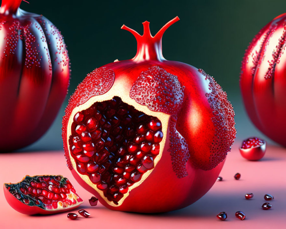 Realistic 3D rendering of vibrant pomegranates with seeds on reflective surface