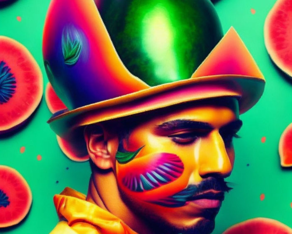 Vibrant portrait of a man with artistic makeup and fruit helmet on teal background