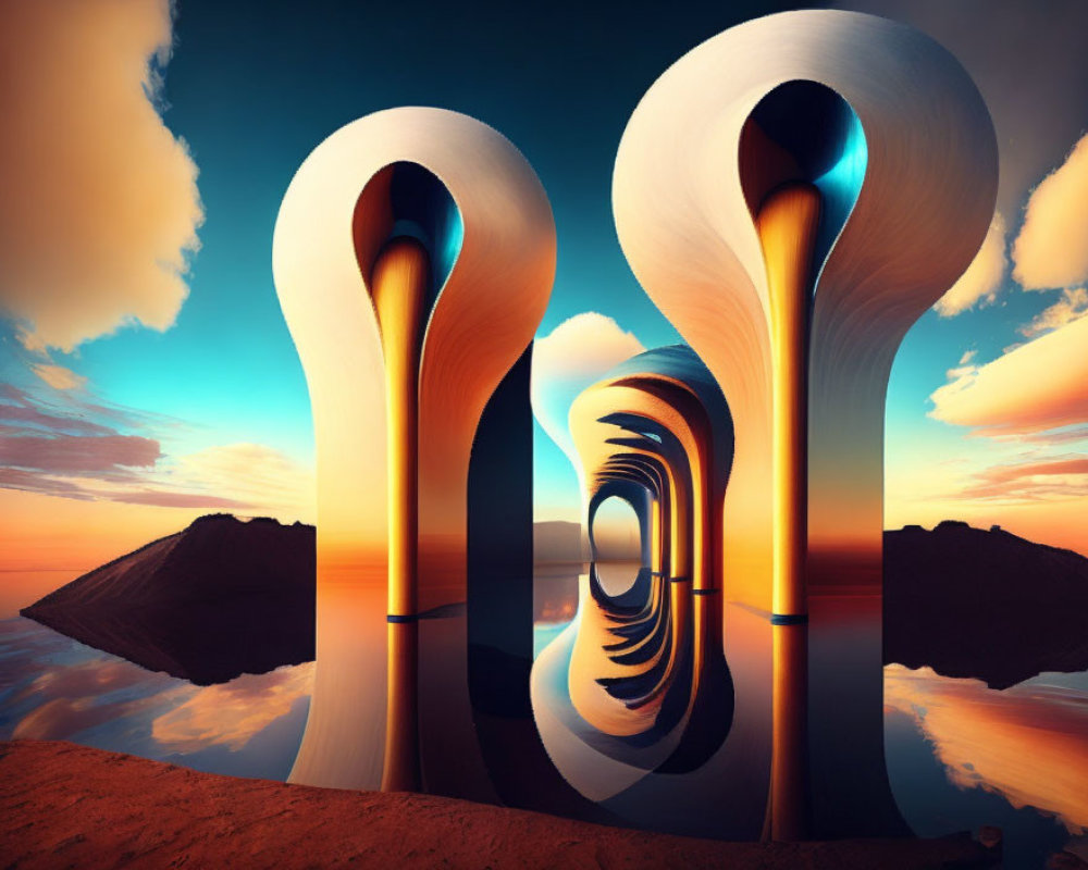 Twisted loop structures in surreal sunset landscape