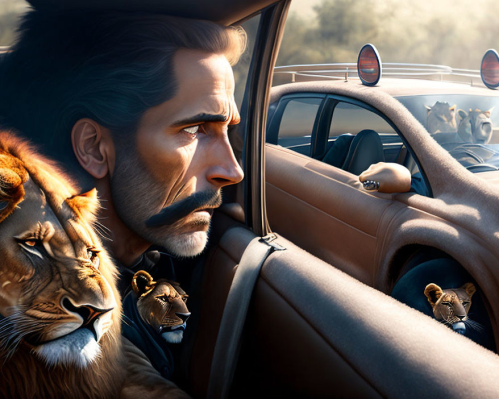 Man with mustache drives car with lions in backseat in warm, sunlit scene