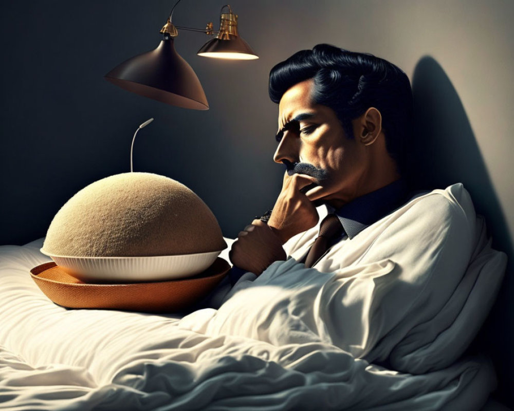 Styled mustache man in suit gazes at burger lamp in bed