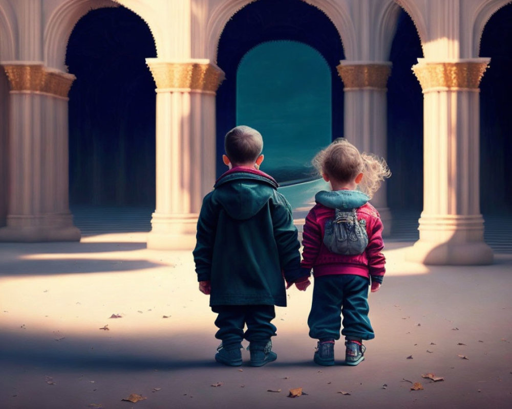Children holding hands between columns with shadows.