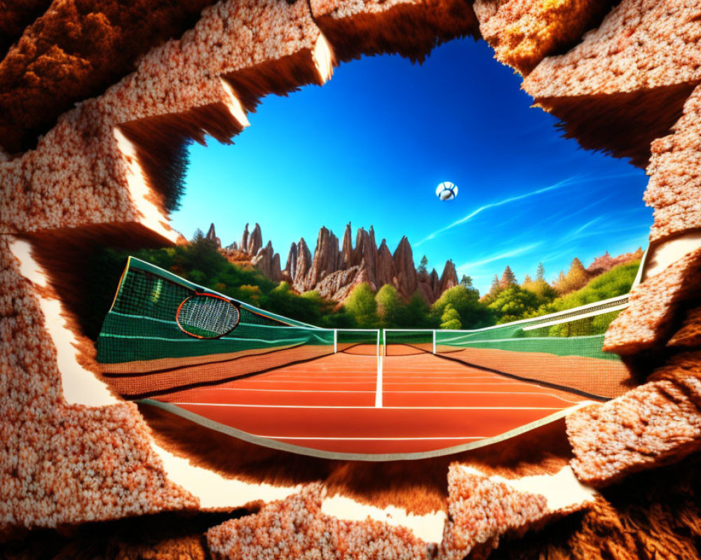 Tennis court with torn frame, racquet, floating ball, vivid sky, rock formations