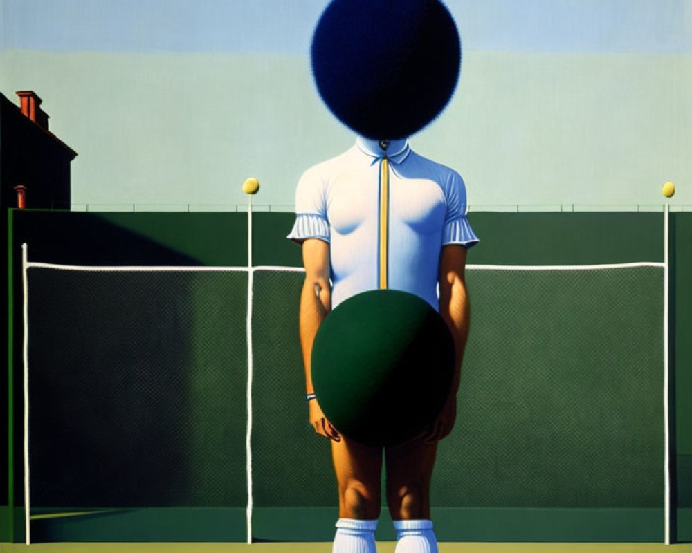 Surreal painting of tennis player with green ball body and fuzzy sphere heads on court