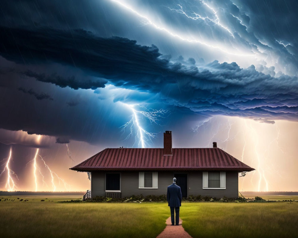 Man watching dramatic thunderstorm with multiple lightning strikes