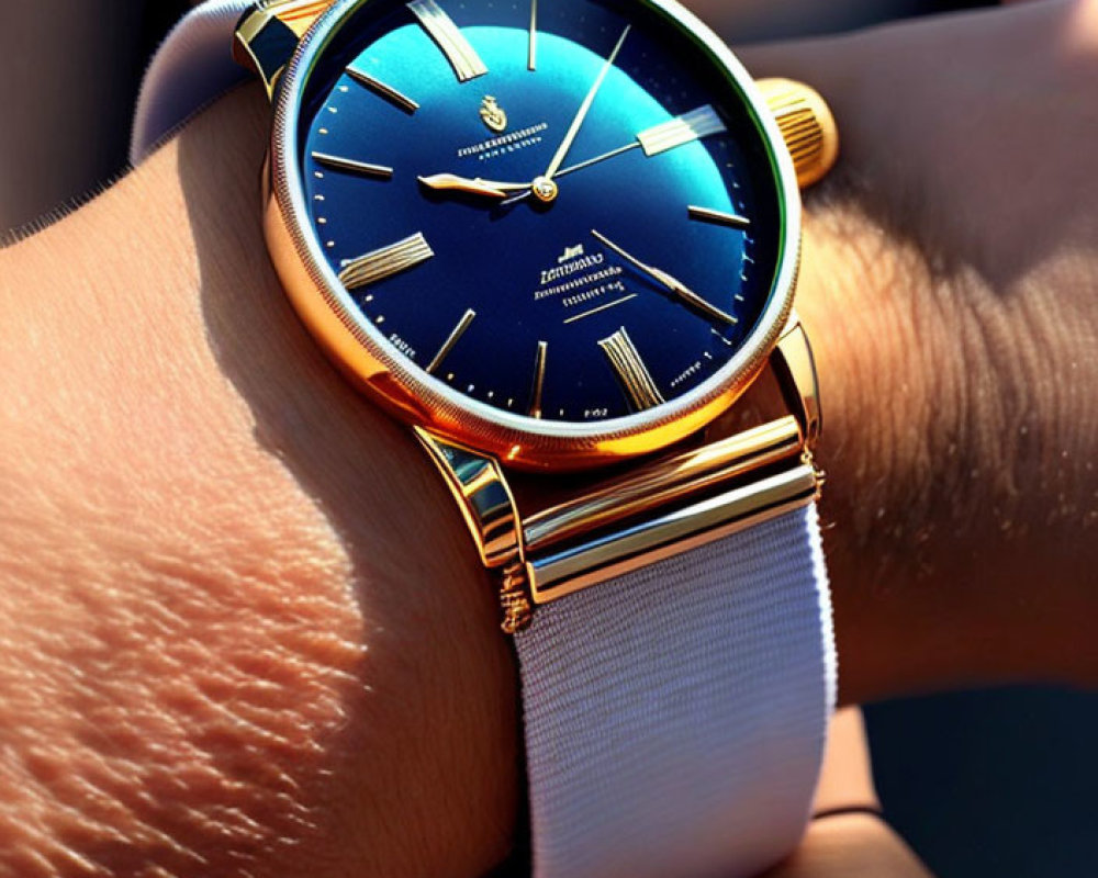 Elegant gold watch with blue dial and white band in sunlight
