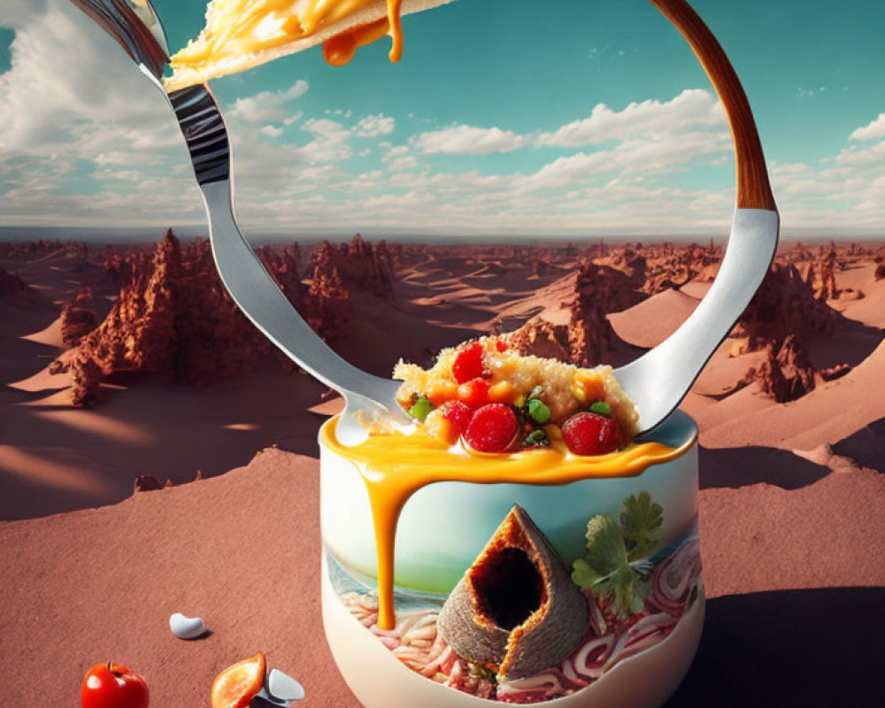 Surreal desert landscape with giant egg-shaped food container and taco on fork