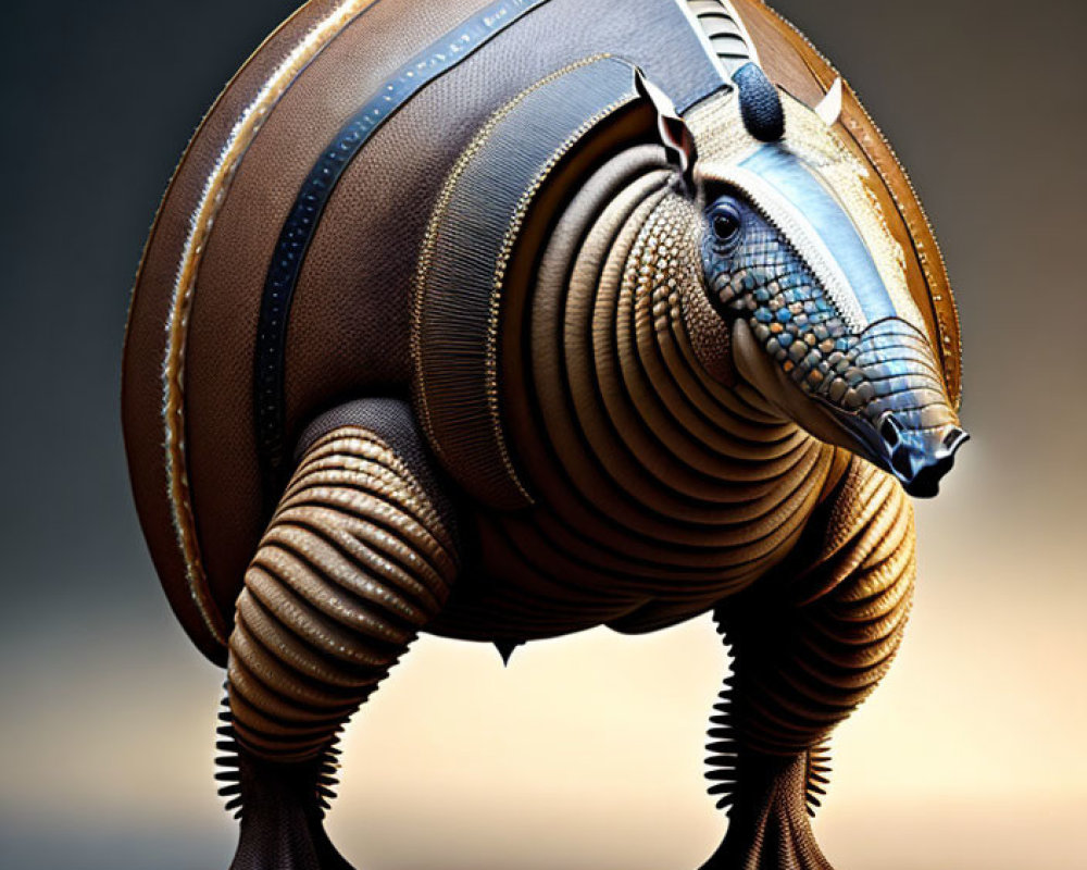 Stylized armadillo with mechanical and leather textures on gradient background