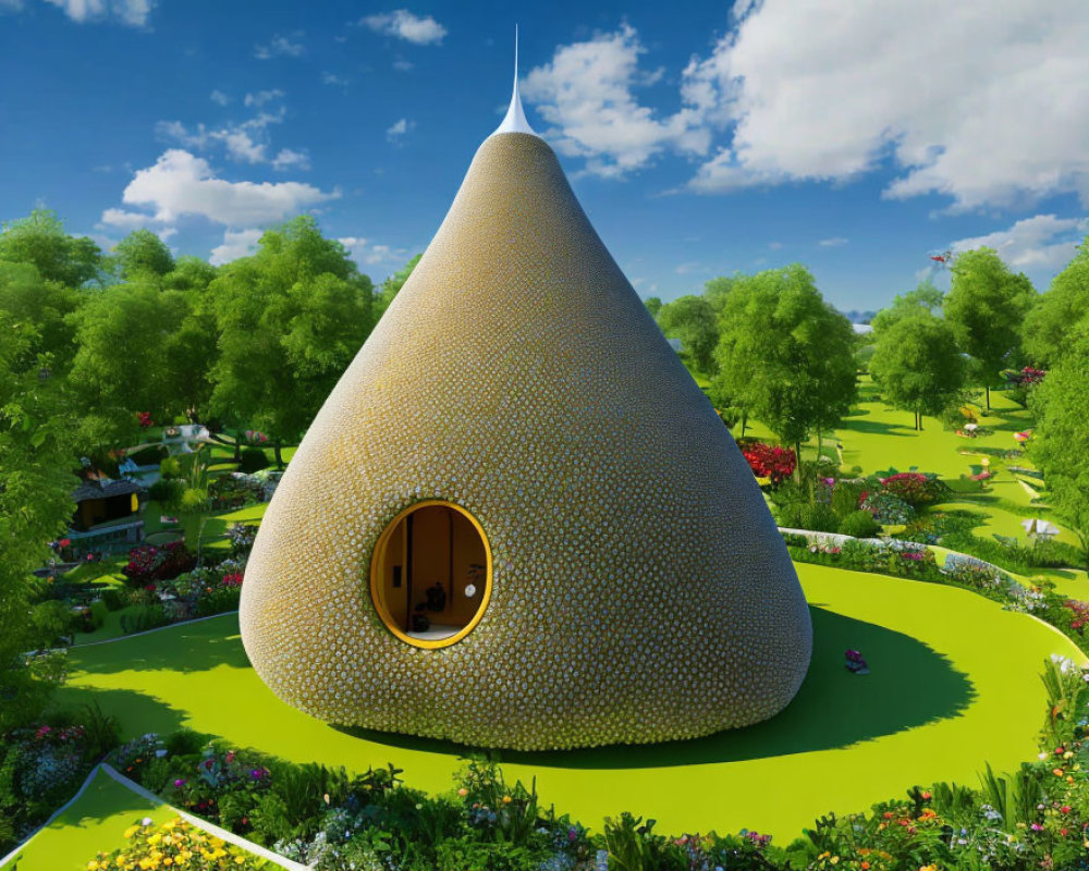 Unique cone-shaped building with round door in lush garden.
