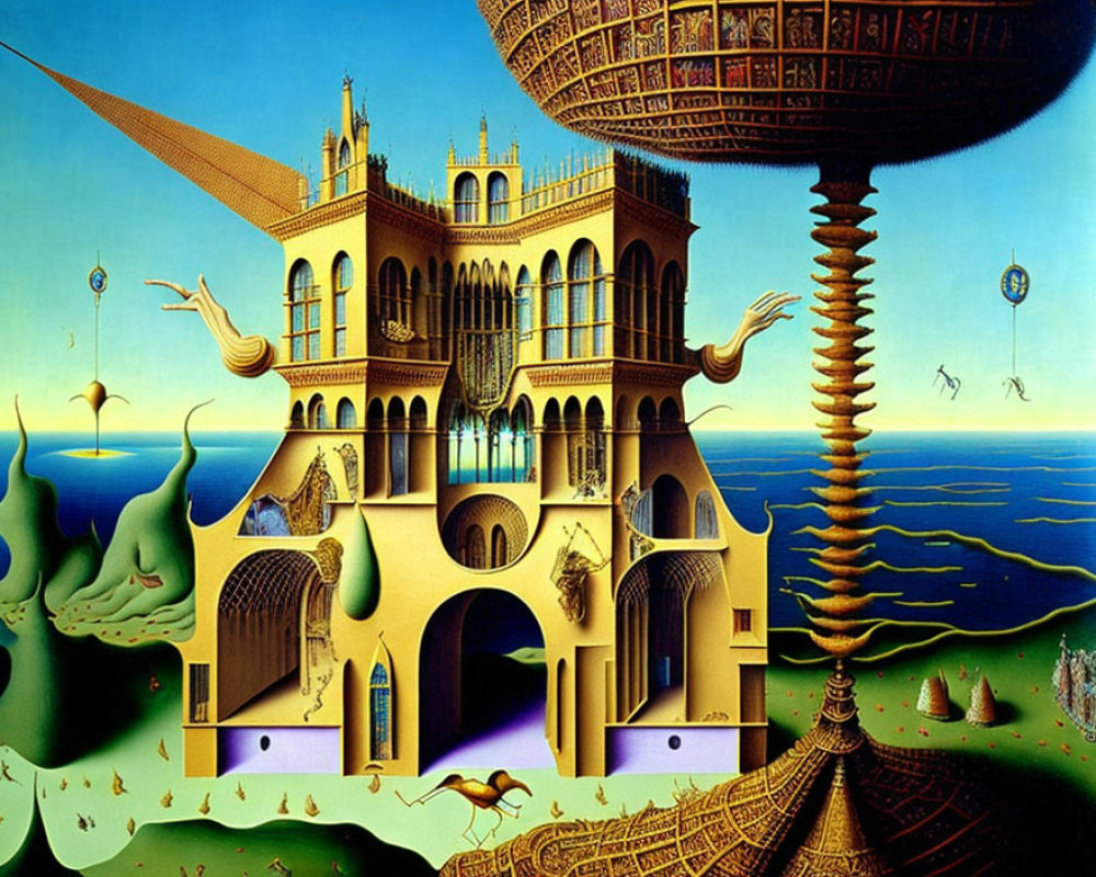 Surreal landscape featuring castle-like structure, floating hands, and horse-like figures against blue sky