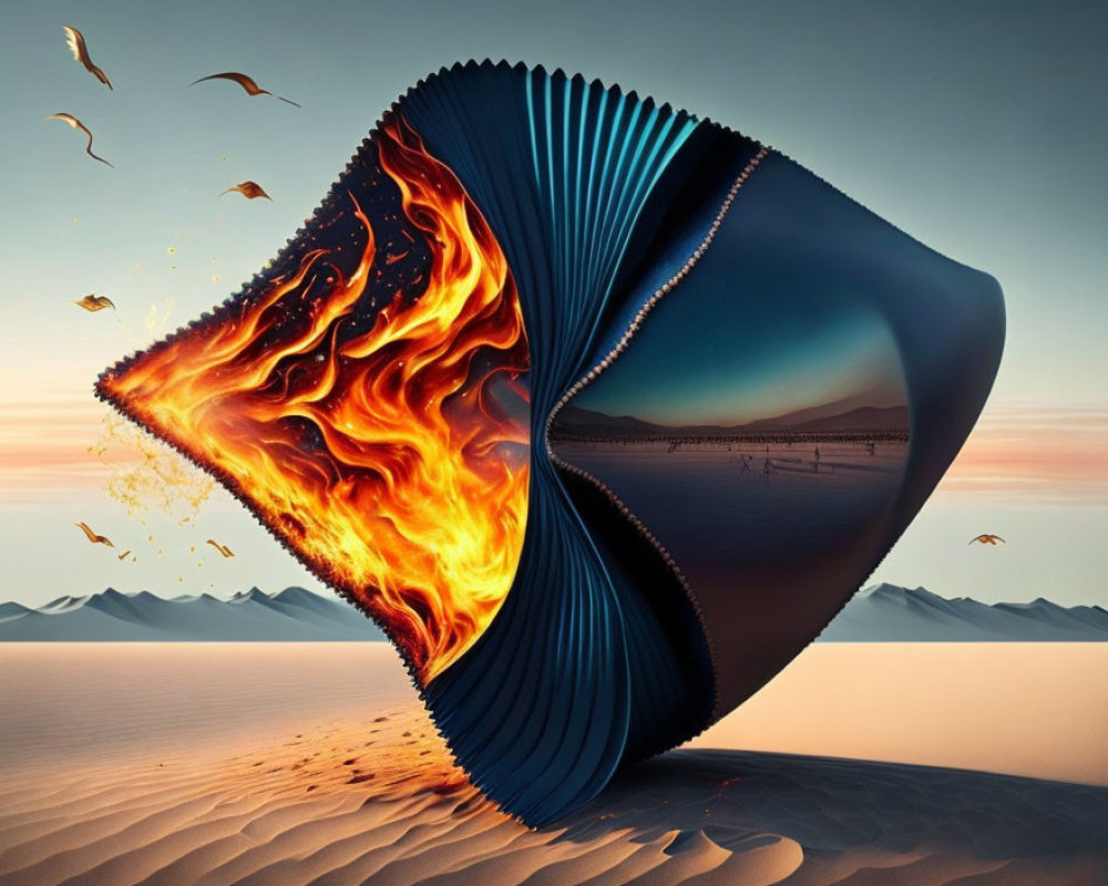 Surreal artwork: Twisted book on fire to desert landscape