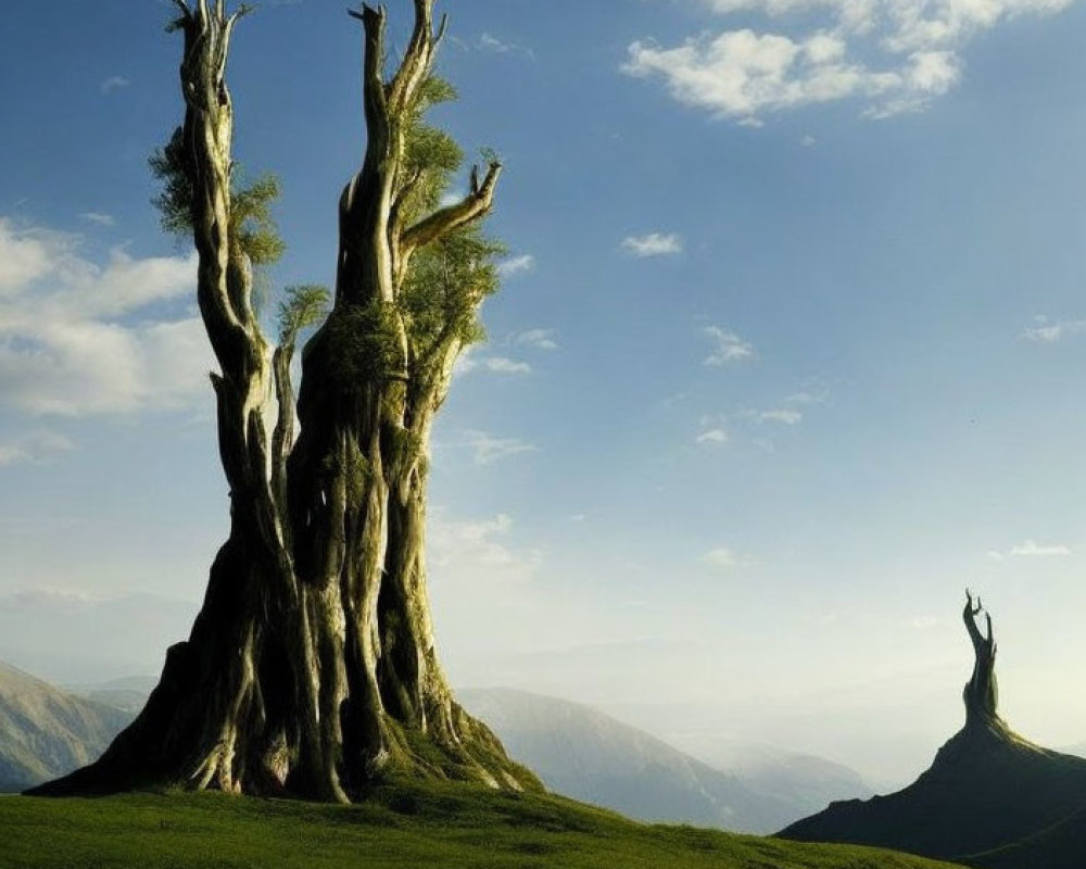 Ancient gnarled tree on grassy hill with rolling mountains in the background