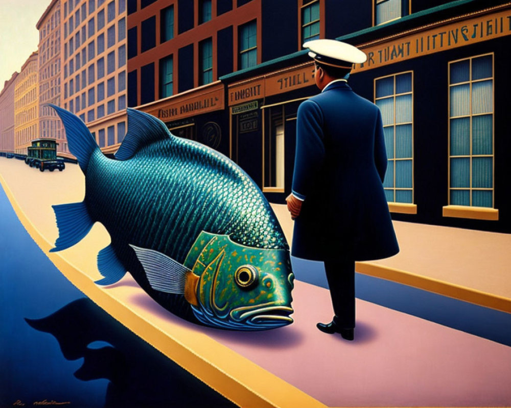 Uniformed man on city street watches intricate patterned fish swimming in air.