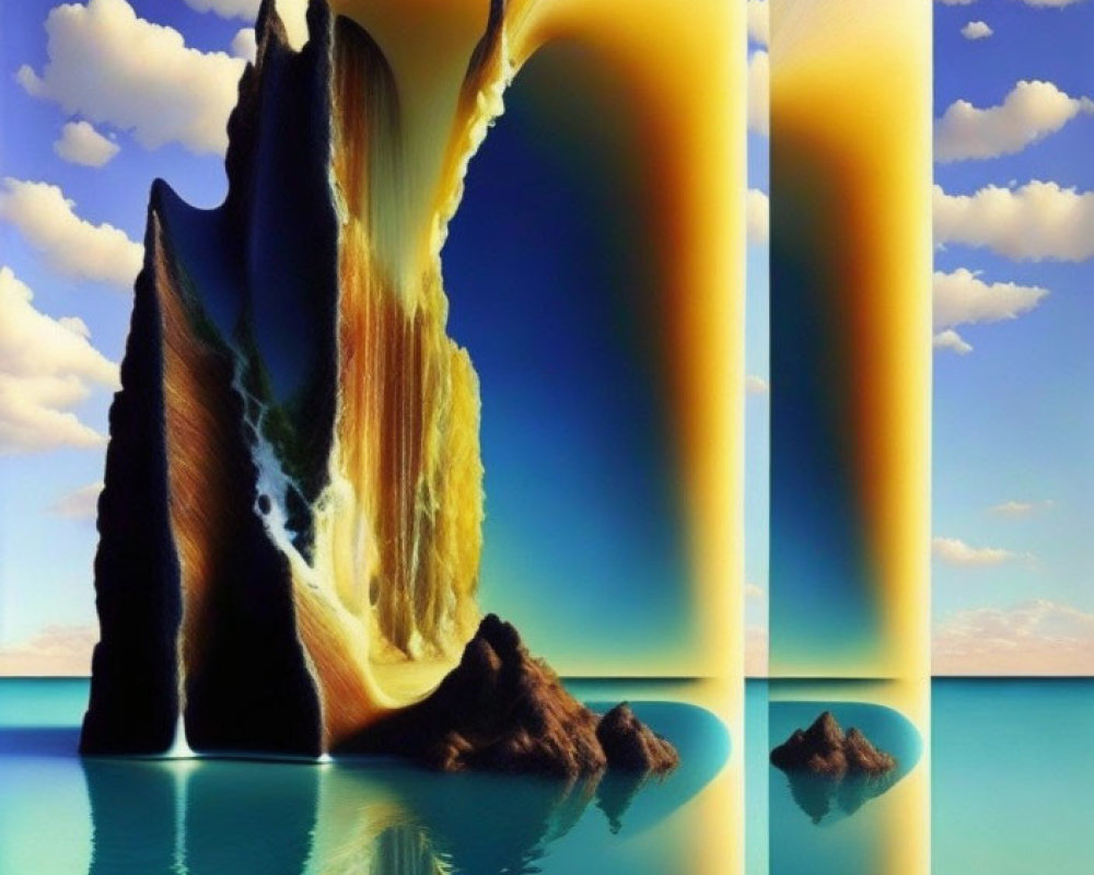 Surreal artwork: towering cliffs, waterfalls, tranquil sea, cloud-filled sky