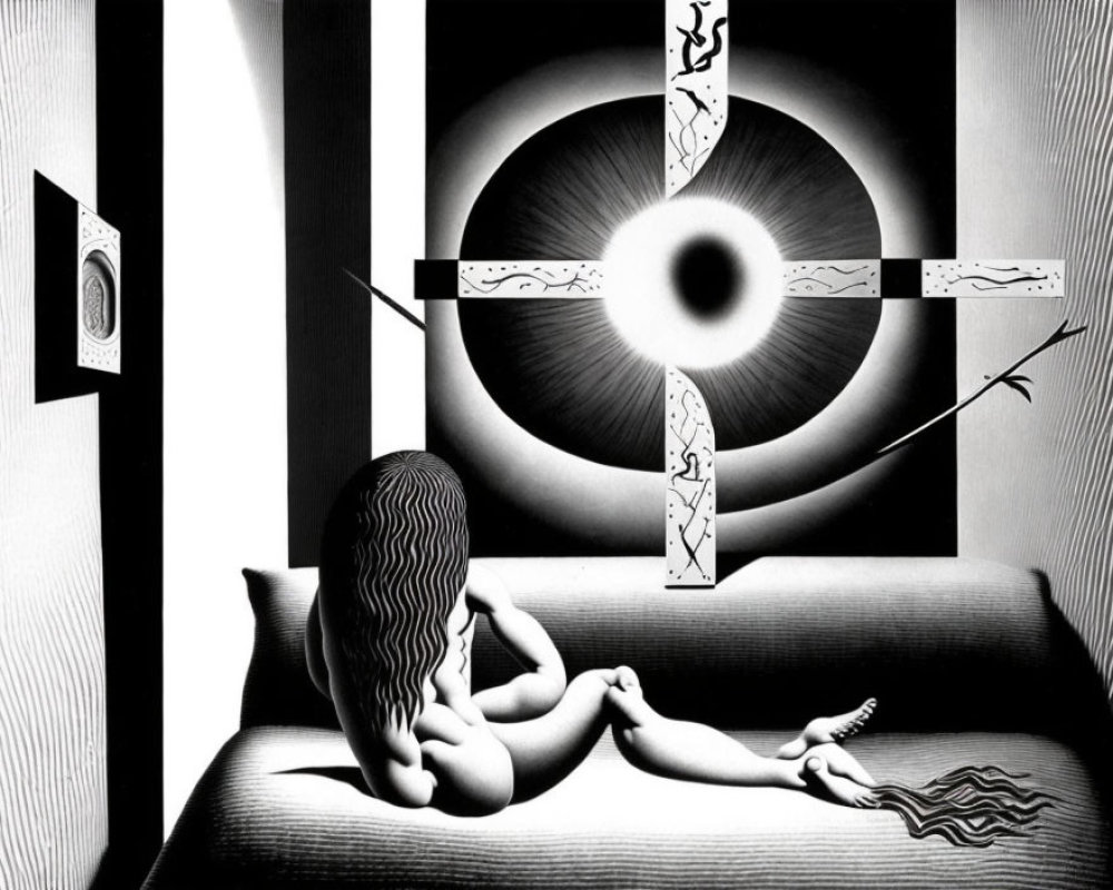 Monochrome surreal artwork: person on bench, gazing at circular pattern with cross, striped walls