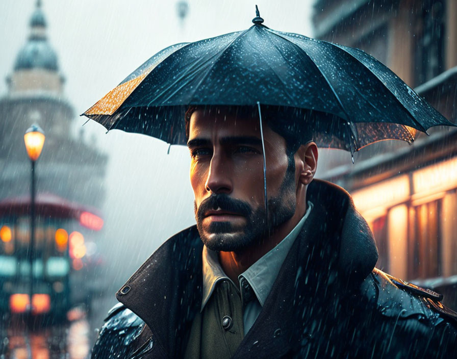 Bearded man with umbrella on rainy city street