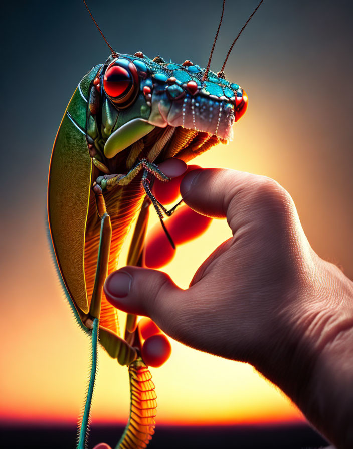 Vividly Colored Mantis Held Against Sunset Background