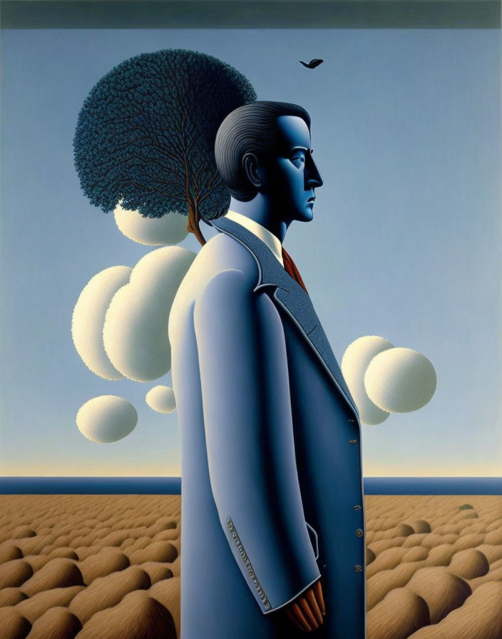 Surreal painting: Man with tree hair in nature scene