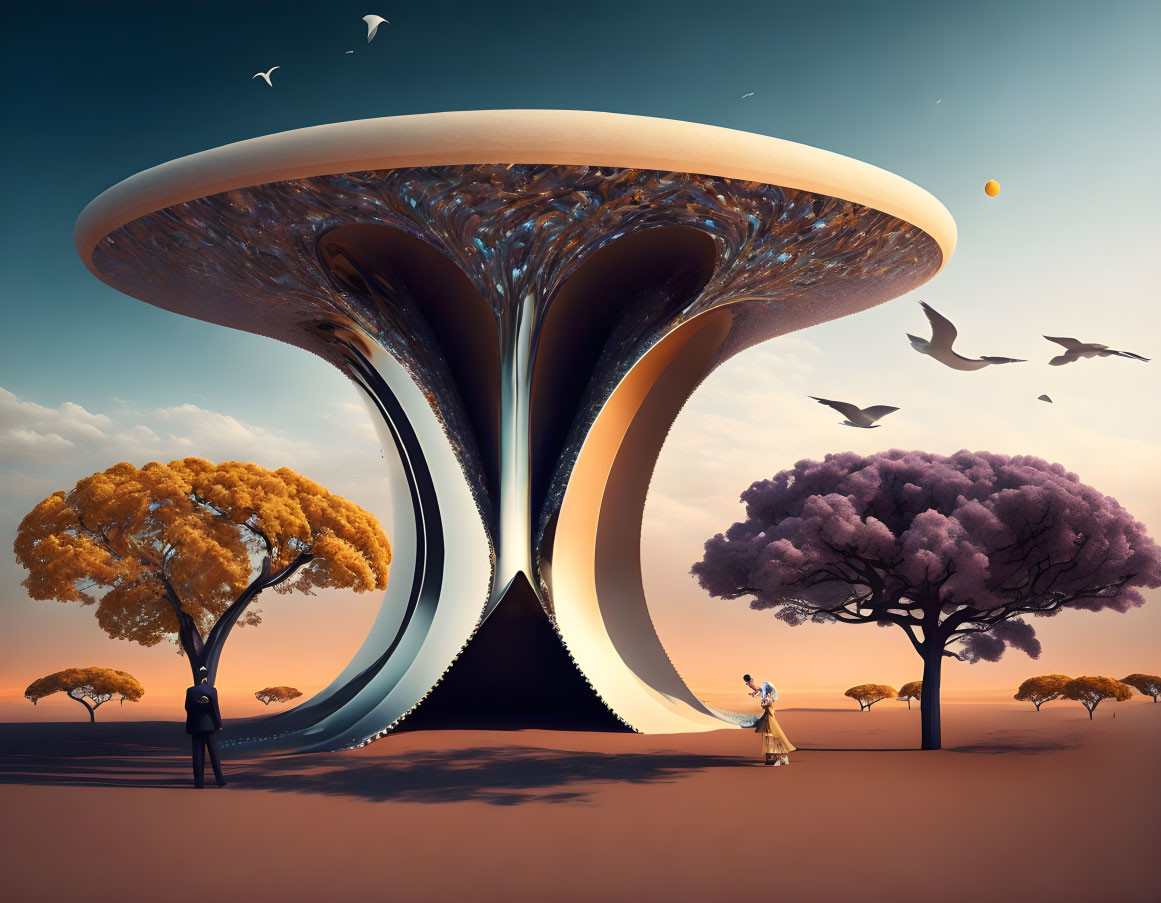 Surreal landscape with giant mushroom, birds, people, autumn trees, orange sky