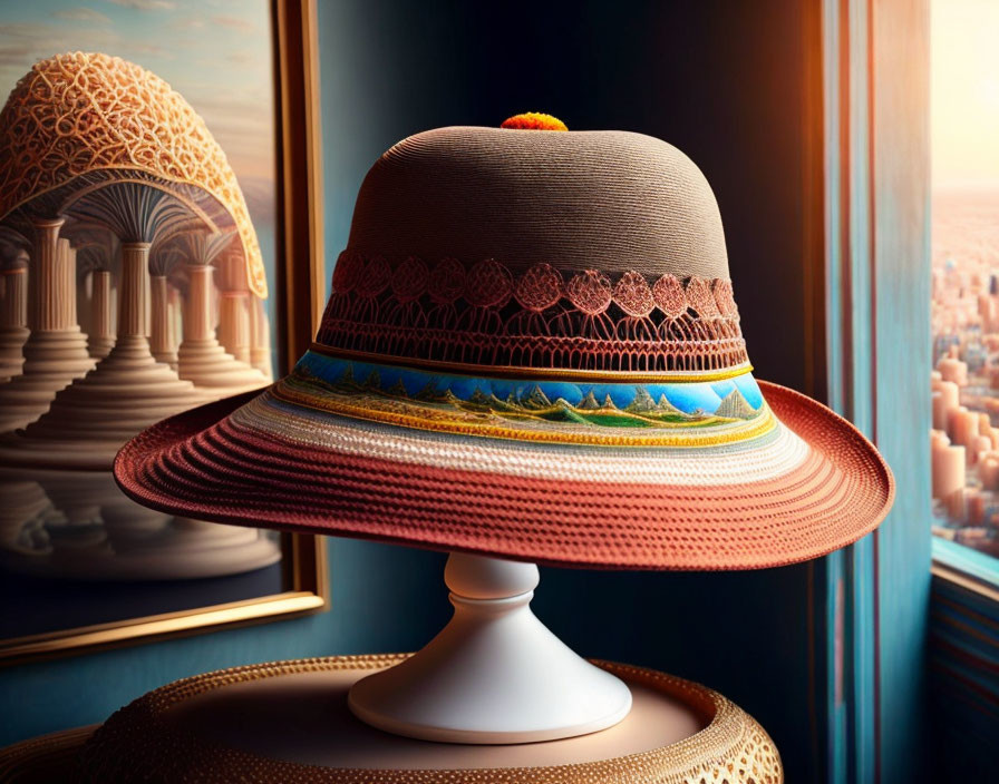 Colorful Ribbon Detail Straw Hat Displayed on Ornate Stand
