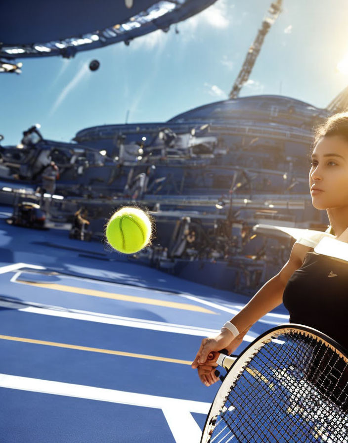 Female Tennis Player Serving Under Clear Blue Sky with Sun Flare and Stadium Seating in Background
