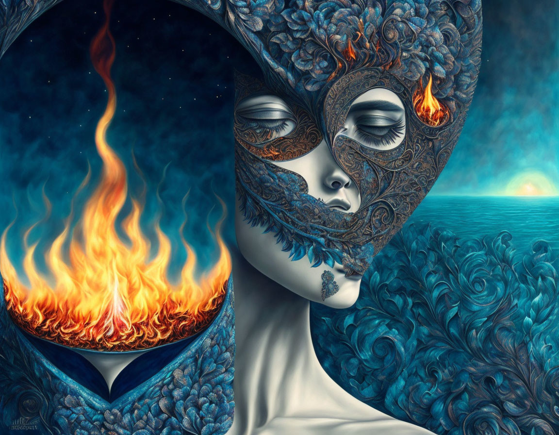 Portrait of a person with a dual-themed mask blending fire and waves