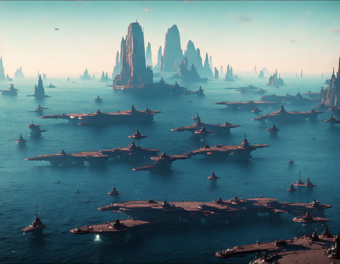 Futuristic starships above calm sea near towering rock formations