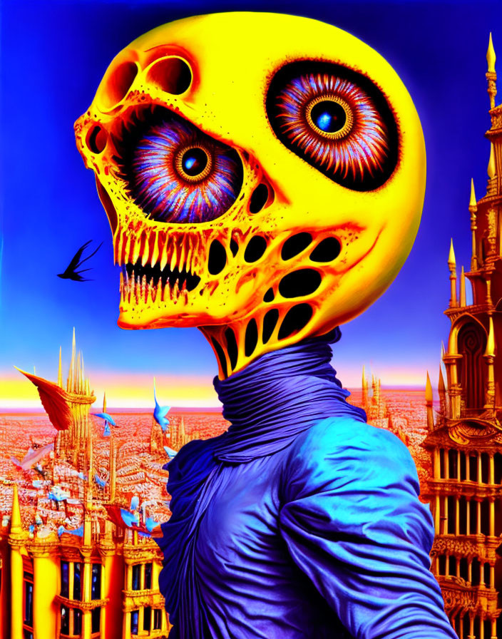 Surreal artwork featuring figure with large skull head and cityscape with flying ships