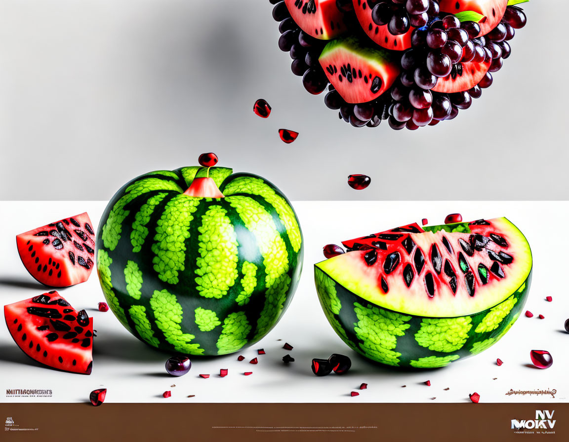 Colorful Surreal Still Life with Watermelons and Grapes