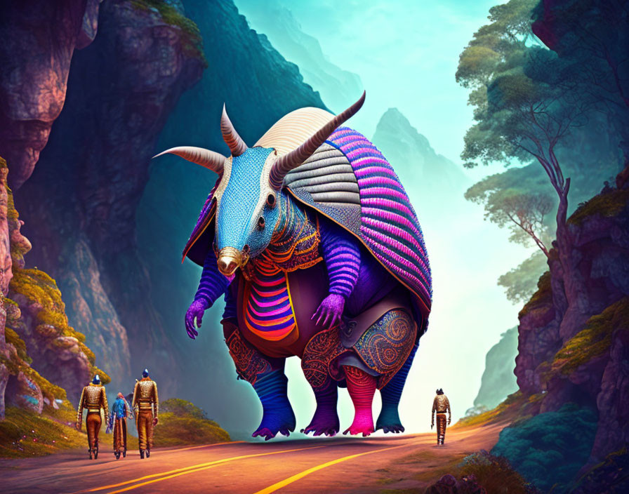 Colorful surreal illustration: Fantasy armadillo creature with humanoid robots on road