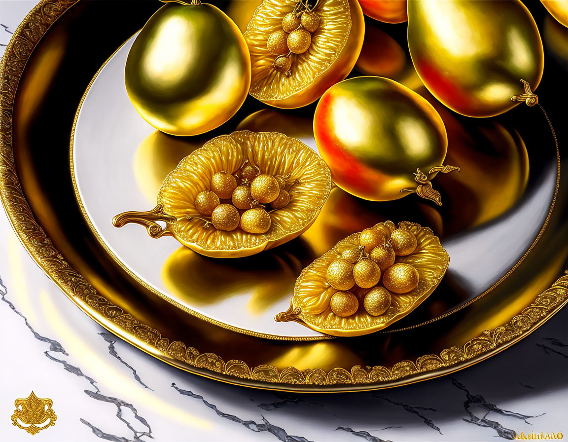 Glossy surface reflects golden pears and decorative plates with intricate patterns