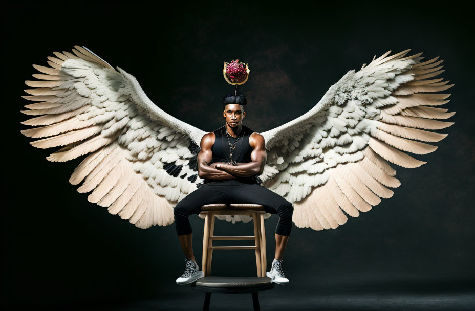 Athletic person with white wings and floral crown on chair.