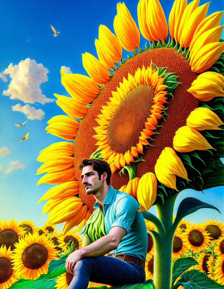 Man sitting among oversized sunflowers under blue sky with fluttering butterflies