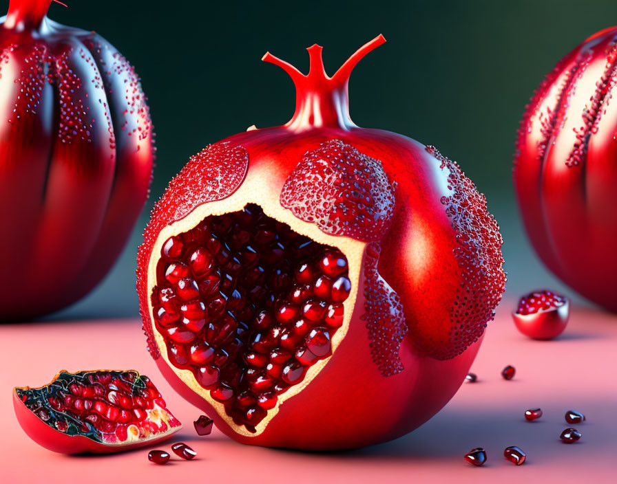 Realistic 3D rendering of vibrant pomegranates with seeds on reflective surface