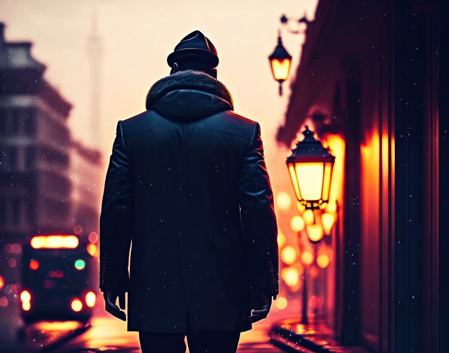 Person in winter coat walks on city street at dusk with vintage street lamps and blurred city lights.