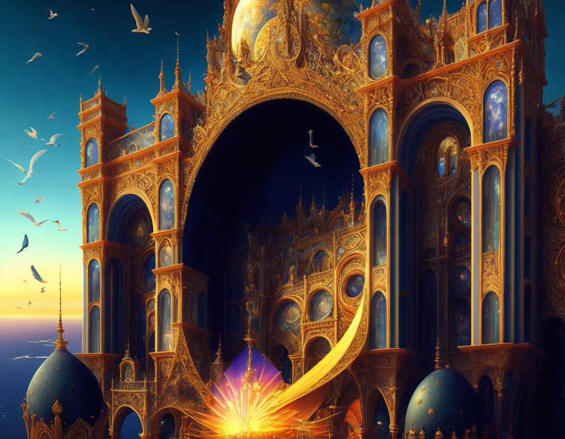 Fantastical palace with golden and blue hues, glowing crystal, and flying birds.