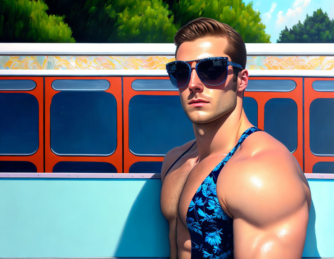 Man in Blue Floral Swimsuit Relaxing by Colorful Vintage Bus