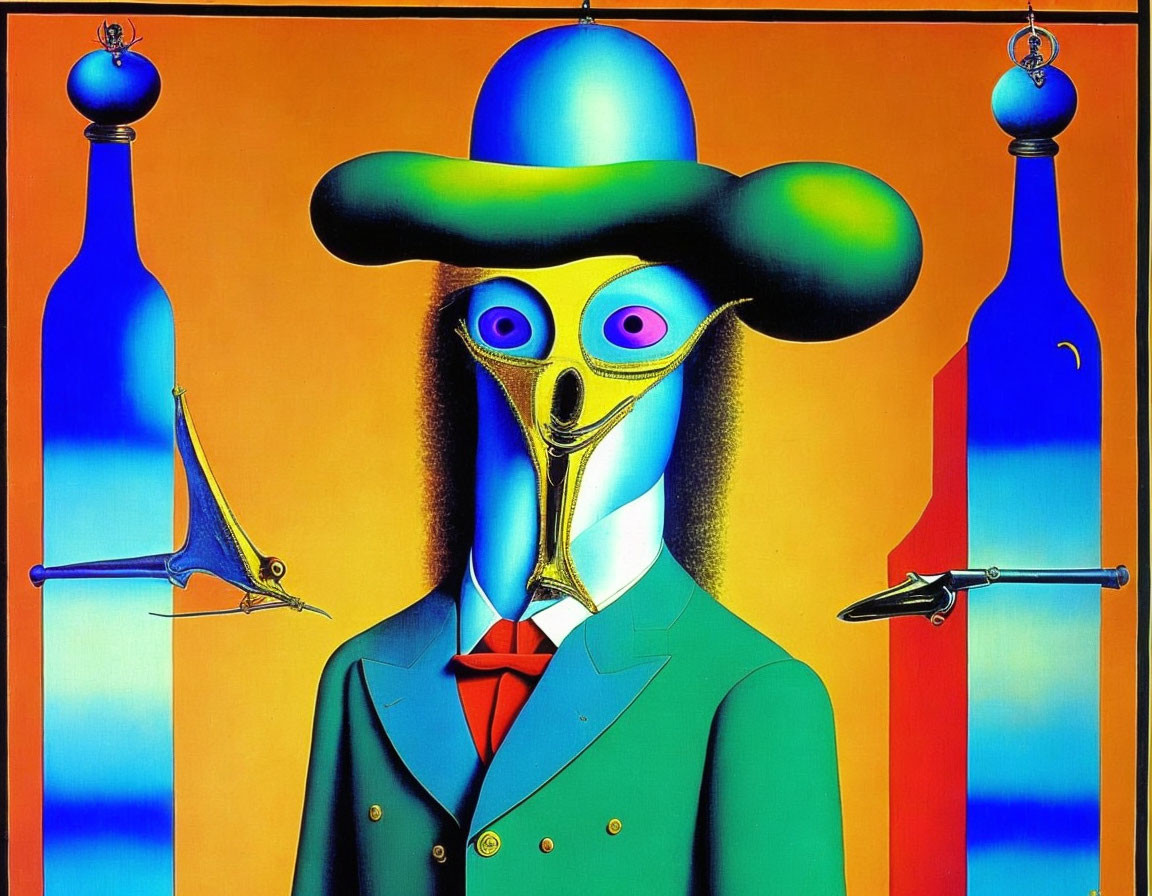 Surrealist Painting: Figure with Apple Face, Hat, Suit, Floating Objects, Colorful Background